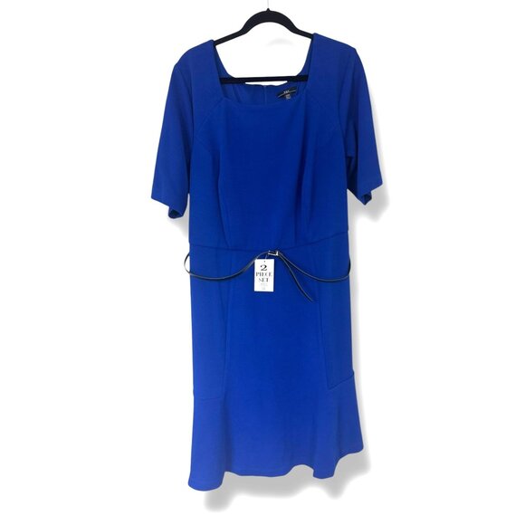Blue Stretch Knit Short Sleeve Classic Dress with Belt Size 20W 2X New Plus Size - Picture 1 of 5